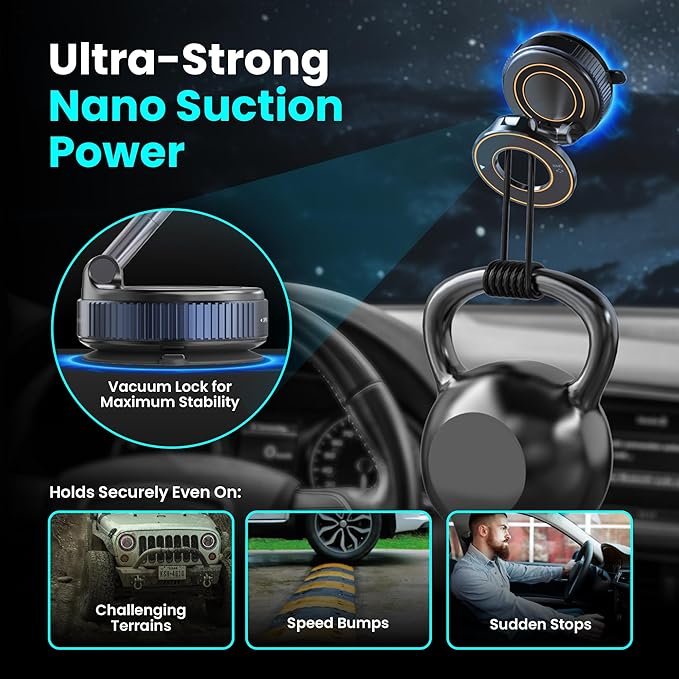 Magnetic Vacuum Phone Holder for Car – Adjustable 360° Strong Suction Mount, MagSafe Compatible Car Mount, iPhone Holder for Dashboard & Windshield, Adsorption Stand for iPhone & Samsung Smartphones