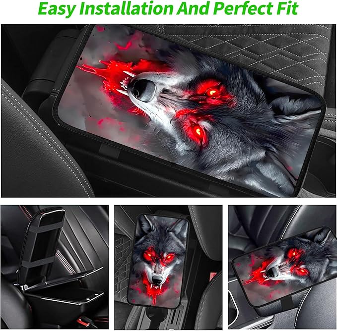 JANENFNA Car Armrest Cover Pads Universal Fashion Cute Auto Center Console Armrest Cover Pad with 2PCS Car Coasters Soft Waterproof Car Armrest Seat Protector for Women,Blood Wolf
