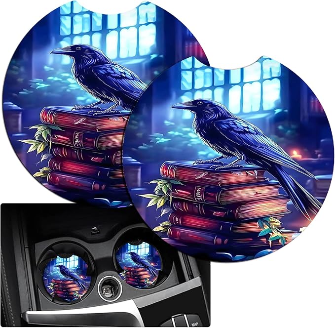 JANENFNA Car Armrest Cover Pads Universal Fashion Cute Auto Center Console Armrest Cover Pad with 2PCS Car Coasters Soft Waterproof Car Armrest Seat Protector for Women,Crow Standing on Books