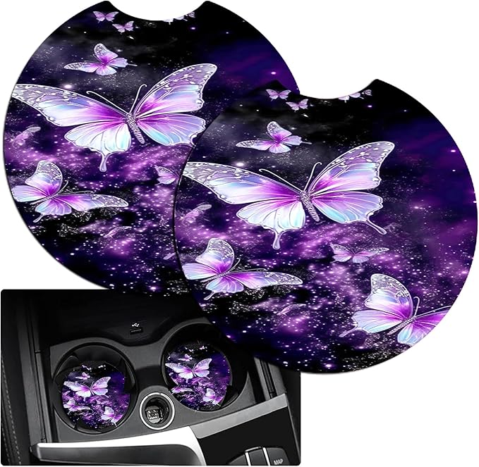 JANENFNA Car Armrest Cover Pads Universal Fashion Cute Auto Center Console Armrest Cover Pad with 2PCS Car Coasters Soft Waterproof Car Armrest Seat Protector for Women,Purple Butterflies