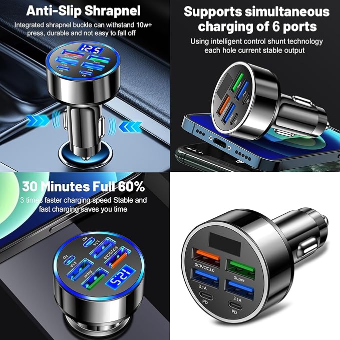 6 in 1 MultiPorts Car Charging Adapter with Digital Voltages Display USB/USB C Charging PD5V-3.1A for Fast Charging