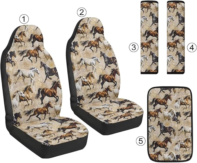 Psesaysky 5 Piece Car Seat Covers Full Set for Women Men, Retro Horse Racing Soft Comfort 2 Front Seats Protector 2 Seat Belt Cover and 1 Car Center Console Cover