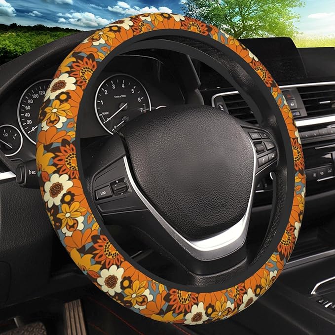 Bohemian Flowers Elastic Steering Wheel Cover, Non-Slip Breathable Neoprene Steering Wheel Covers, Women Car Accessories, Universal 15 Inch Fit Auto, Suvs, Truck