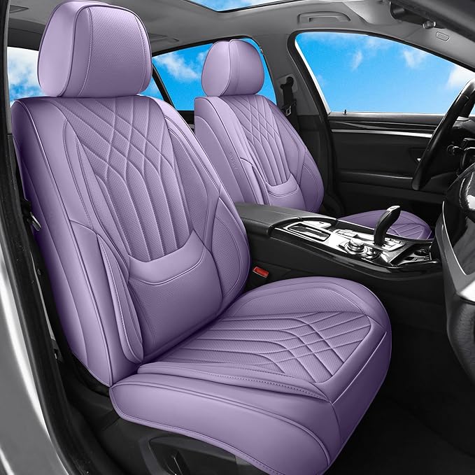 GEZHOUBA Purple Car Seat Covers Front Seats, Luxury Leather Purple Seat Covers with Lumbar Support, Waterproof Car Front Seat Protector Universal Fit for Most Cars Trucks Pick-ups SUVs