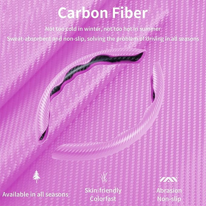 LevChall Carbon Fiber Steering Wheel Cover, 3-Piece Set Anti-Skid Comfortable Grip Segmented Butterfly Design, Easy Snap-On Installation Universal Fit 99% Cars, Pink