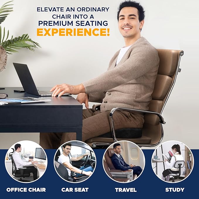EcoNour Gel Seat Cushion – Office Chair Cushions for Sciatica & Tailbone Pain Relief – Coccyx Memory Foam Desk Chair Support & Car Seat Cushion – Back Pain Relief Pillow for Long Sitting
