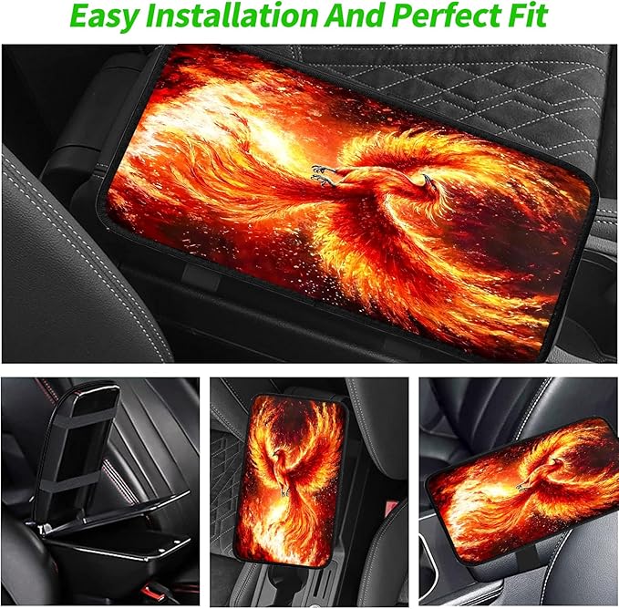 JANENFNA Car Armrest Cover Pads Universal Fashion Cute Auto Center Console Armrest Cover Pad with 2PCS Car Coasters Soft Waterproof Car Armrest Seat Protector for Women,Fiery Phoenix