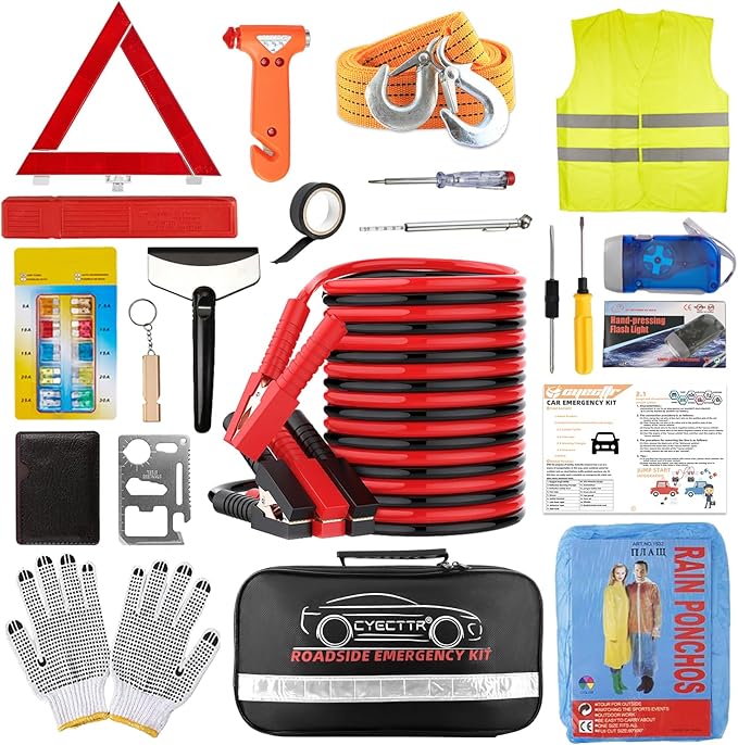 CYECTTR Car Roadside Emergency Kit,Auto Vehicle Truck Safety Emergency Road Side Assistance Kits with Jumper Cables,Safety Hammer,Reflective Warning Triangle,Tire Pressure Gauge,Tow Rope,etc