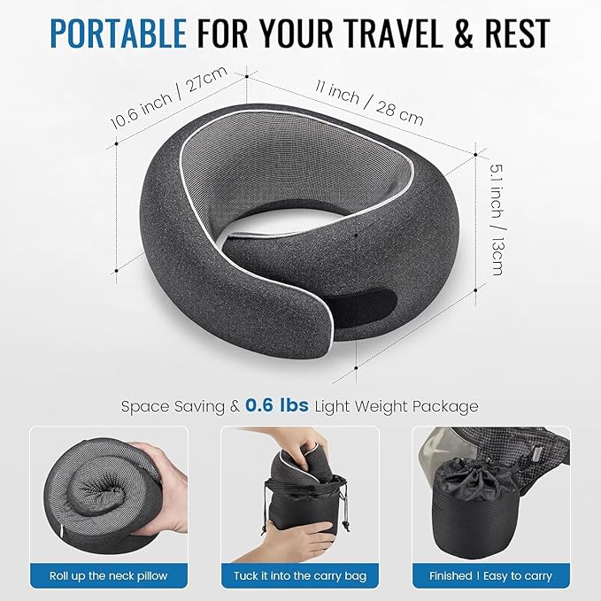4litamz Travel Neck Pillows, 100% Memory Foam Filling, Travel Pillows for Airplanes, Compact and Ergonomic Design, Best for Sleeping Plane Train Travel Essentials (Light Black)
