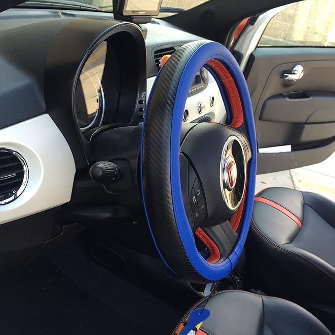 Jdragon Blue & Carbon Fiber Style PVC Leather Slip-On Steering Wheel Cover 14.25-15" Diameter