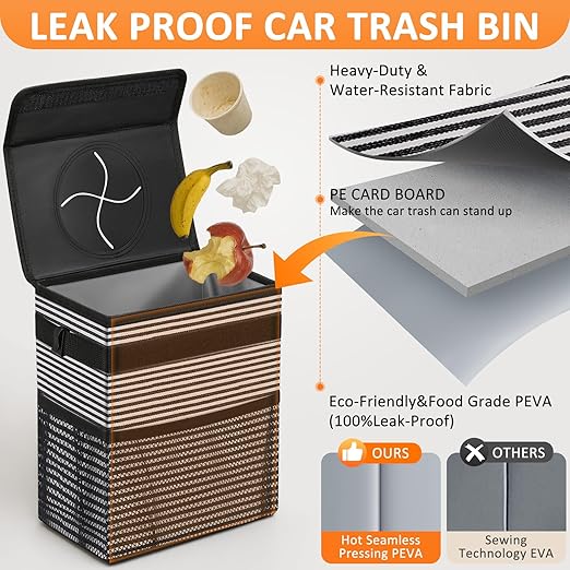 Vankor 3 Gallons Car Trash Can with Lid, Car Trash Bag Bin Hanging Waterproof Automotive Garbage Cans Leak Proof Vehicle Trash Can Stripe