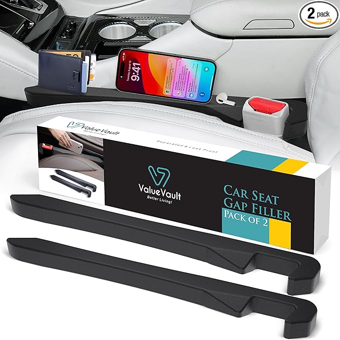 Car Seat Gap Filler Stopper & Catcher, Prevents Keys & Phones Falling into Console Crevice, Moves with Seat (Universal Fit for Sedans, SUVs & Trucks), Waterproof Soft Faux Leather(2 Pack) | Car Gap Filler