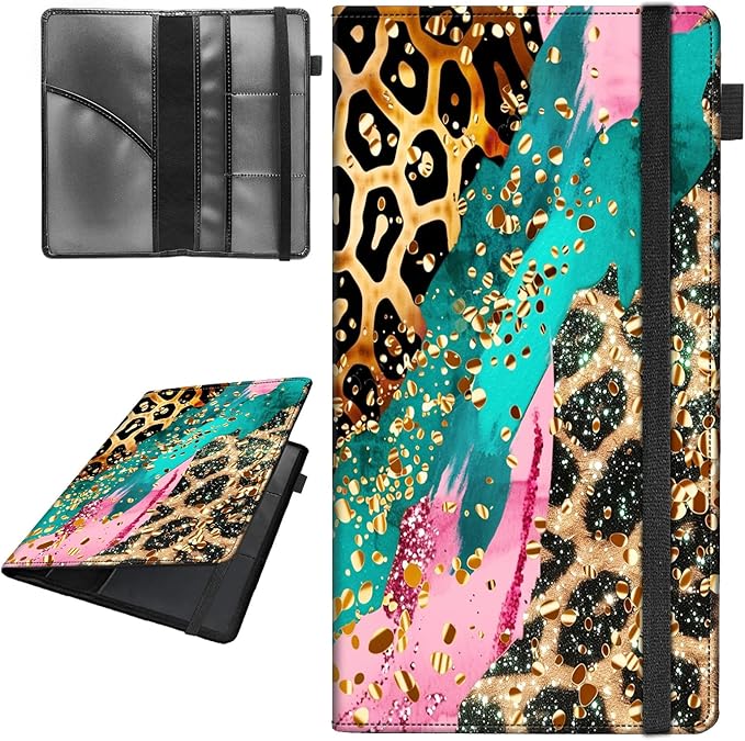 Car Registration and Insurance Holder,Leather Vehicle Glove Box Organizer Wallet for Document,Perfect for any Car,Truck,Motorcycle,Driver License,Trailer or Boat,Men & Women,Colorful Leopard Print
