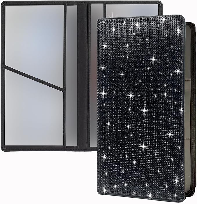 Car Registration and Insurance Document Holder,Bling Rhinestone Organizer Leather Vehicle Glove Box Organizer Car Holder Magnetic Closure Driver License Card Wallet Case (Black)