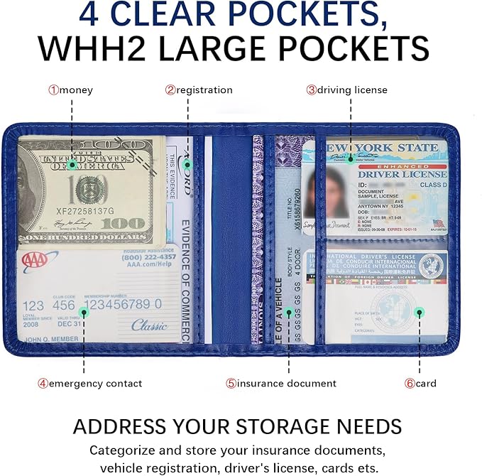 2-Pack Car Registration and Insurance Holder, Car Organization Vehicle Document Organizer with Magnetic Closure for Cards, License in Glove Box, Dark Blue