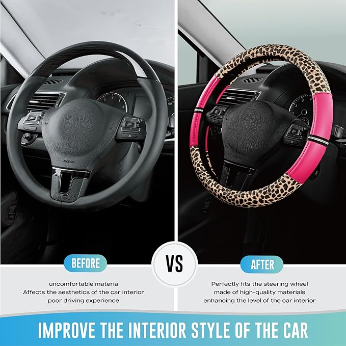 Road Comforts Leopard Steering Wheel Cover - Made with PVC Leather Cheetah Print - Anti-Slip, Universal Fit 14 1/2 inches to 15 inches - Hot Pink