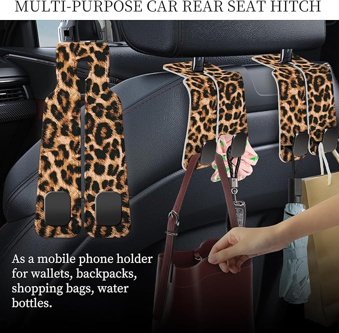 AXRQLSU PU Leather Car Seat Hook, Storage Headrest Hanger, Cute Car Backseat Organizer, Car Hooks For Purses and Bags Brown Leopard Print