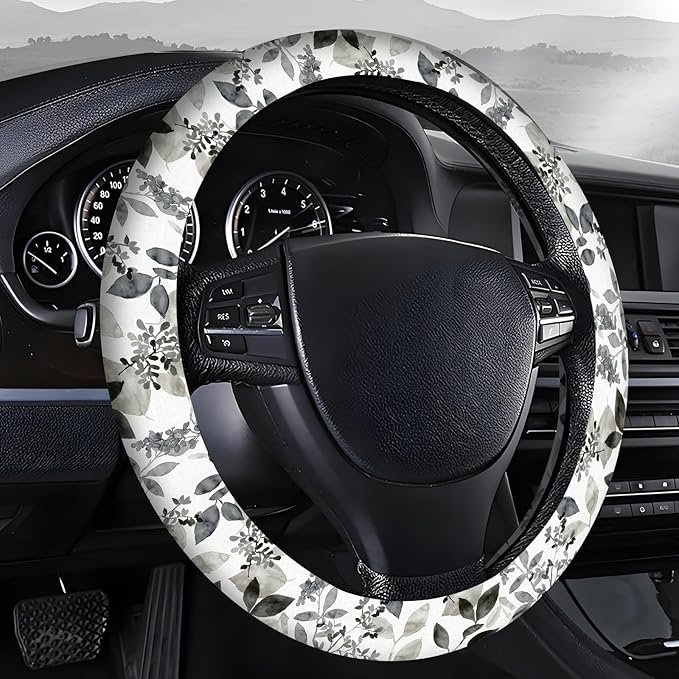 Steering Wheel Covers for Car, Truck, and SUV, Cute Non-Slip Breathable Elastic Steering Wheel, Car Accessories, Universal 15 Inch Leather Cover for Men Women Black White Leaf