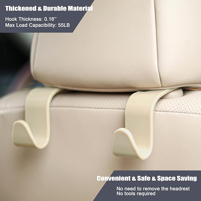 Amooca Universal Multifunctional Car Vehicle Headrest Hook, Organizer Hanger Storage Hook for Bag Purse Cloth Grocery (Beige Set of 4)