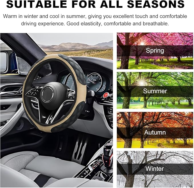 Car Steering Wheel Cover, 15 Inches Non-Slip Leather Car Steering Wheel Protector, Universal Steering Wheel Soft Cover Mats for Car Truck SUV, Interior Car Accessories (Beige)