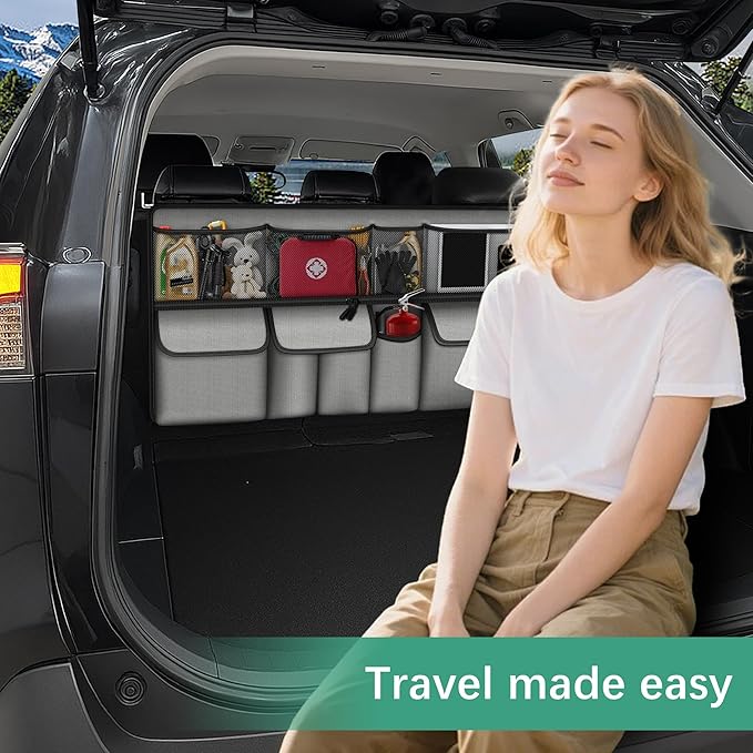 NUWQICD Hanging Car Trunk Organizer Fit For JEEP Grand Cherokee Foldable Large Capacity 41.3x20 inch Backseat Trunk Organizers Storage, Car Accessories Interior, with Multi Pockets Grey