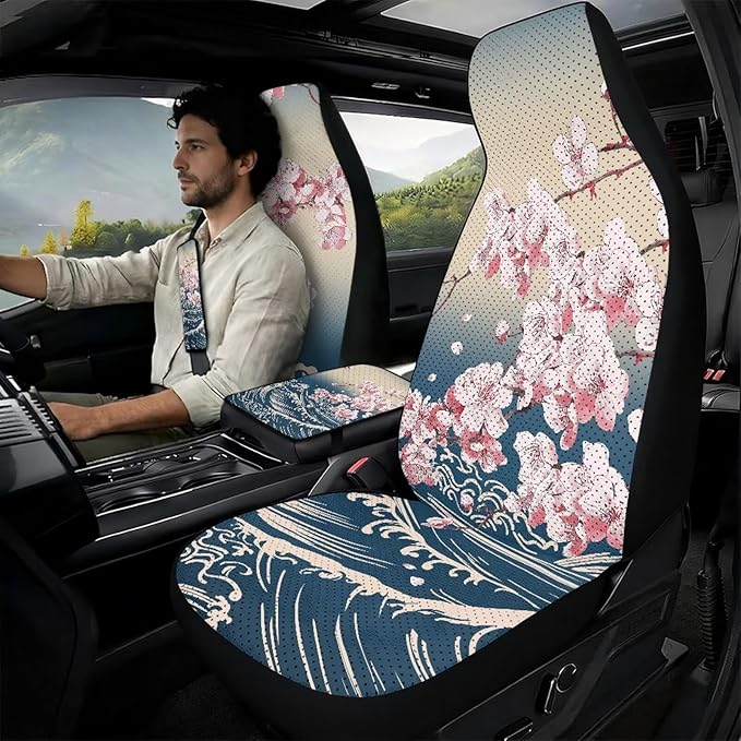 Oramclsy Cherry Blossom Car Seat Covers Set with PU Breathable Armrest Pad Seatbelt Pad 5 Pack Car Accessories Interior Decor Universal Size