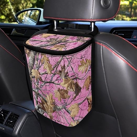 Pink Camo Hunting Car Trash Can with Adjustable Straps Woodland Forest Collapsible Multipurpose Car Trash Bin Bag Automotive Accessories