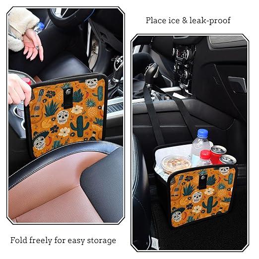 Car Trash Can Organizer Bin with Adjustable Strap for Back Front Seat Console Waterproof Leakproof Collapsible Portable 8.66 Inch Orange Day Of The Dead Skull Cacti