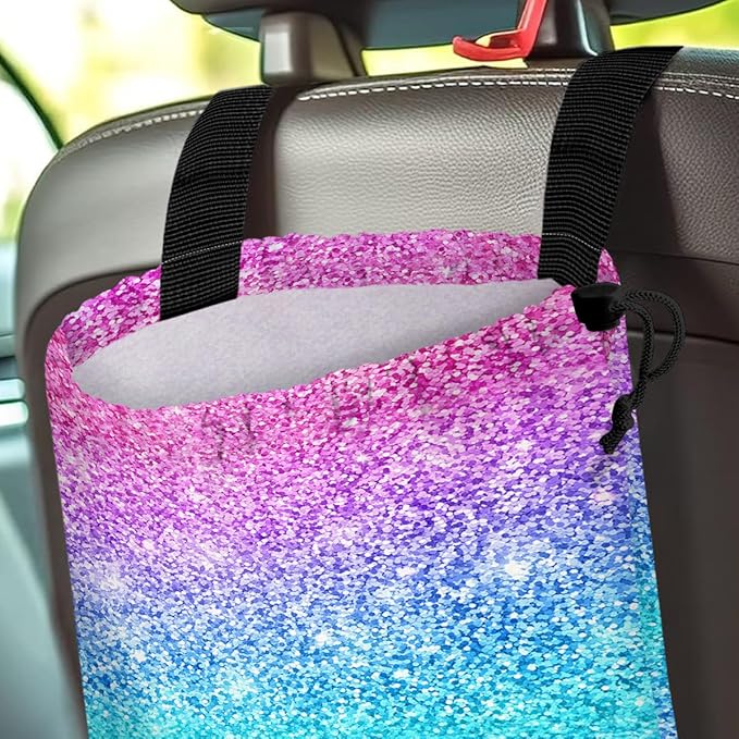 GEGEPINK Car Trash Bag Hanging Back of Seat Waterproof Small Cute Printed One-handed Strap Drawstring Garbage Bags for Car-Glitter Pink