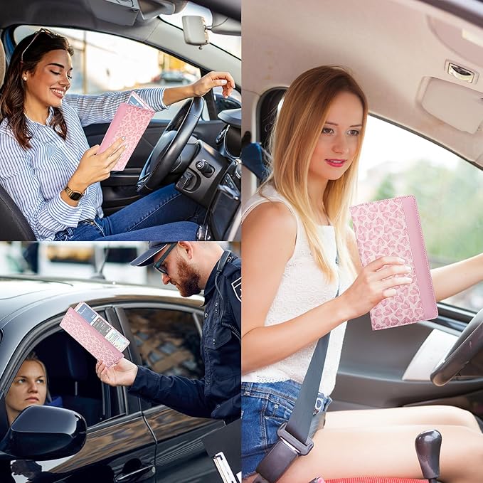 FinestHouse Car Registration and Insurance Holder with Magnetic Closure, Universal Document Organizer for License, Insurance Cards & Glove Box Storage (Heart-Pink)