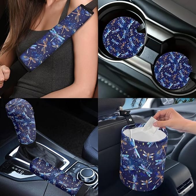Dngkaoje Blue Dragonfly Car Accessories Full Set 13 Pcs Dragonfly Print Car Seat Covers Set for Front and Rear Cute Steering Wheel Cover Collapsible Garbage Bin Cup Mats,Universal Fit