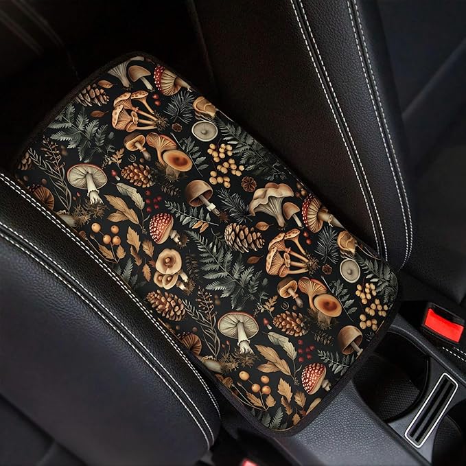 Mushroom Leaves Print Car Center Console Cover,Auto Armrest Cover Pads for Women Girls,Mushroom Car Accessories