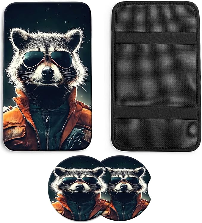 JANENFNA Car Armrest Cover Pads Universal Fashion Cute Auto Center Console Armrest Cover Pad with 2PCS Car Coasters Soft Waterproof Car Armrest Seat Protector for Women,Cool Raccoon Pattern