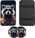 JANENFNA Car Armrest Cover Pads Universal Fashion Cute Auto Center Console Armrest Cover Pad with 2PCS Car Coasters Soft Waterproof Car Armrest Seat Protector for Women,Cool Raccoon Pattern