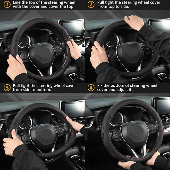 West Llama 3D Texture Steering Wheel Cover for Toyota, Anti-Slip Design, Premium Leather, Custom Fit for 14.5-15 inch, Stylish Interior Decoration(Black+Red Line-Standard Size)