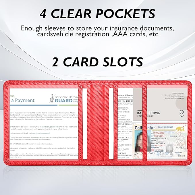 Tavonis Car Registration and Insurance Card Holder，Small Glove Box Organizer for Men and Women，Car and Truck Driver License, Documents, Card Storage Accessories，Red
