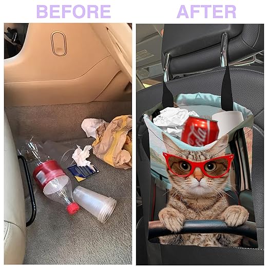 Car Trash Bag Cat Driving Car Car Garbage Bag Waterproof Car Trash Can for Back Seat with Adjustable Straps and Drawstring, Foldable Car Trash Bin for Car Accessories Vehicle Travelling Camping