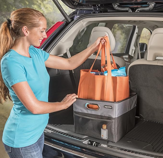 High Road CargoCube Car Storage Bin - Leakproof Car Trunk Storage Organizer with Metal Handles and Front Mesh Pocket, 12x12 Inches - 2 pack