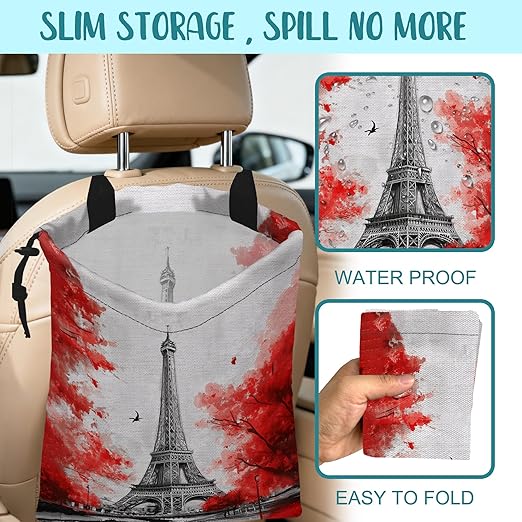 KXWQTRDD Car Garbage Bag Eiffel Tower Red Trees Drawstring Car Trash Bag Hanging for Back Seat with Adjustable Buckle Canvas Vehicle Trash Can Easy-to-Install