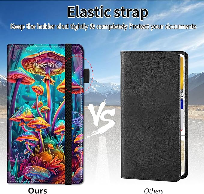 Qindaiwen Car Registration and Insurance Holder, Vehicle Card Document Elastic Band Closure Glove Box Organizer, Driver License Cards, Car Accessories for Essential Info, Colourful Mushroom 03