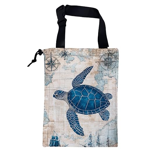 KXWQTRDD Car Garbage Bag Vintage Blue Sea Turtle Sailing Ships Drawstring Car Trash Bag Hanging for Back Seat with Adjustable Buckle Canvas Vehicle Trash Can Easy-to-Install