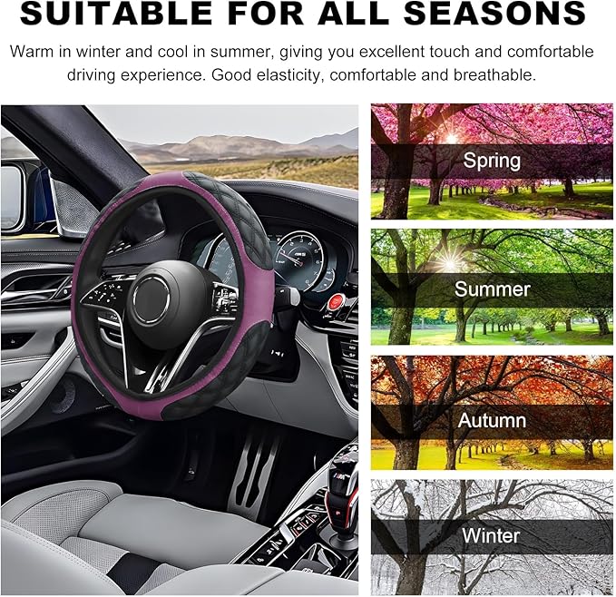 Car Steering Wheel Cover, 15 Inches Non-Slip Leather Car Steering Wheel Protector, Universal Steering Wheel Soft Cover Mats for Car Truck SUV, Interior Car Accessories (Purple)