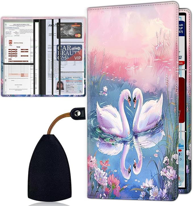 Car Registration Holder, Waterproof PU Leather Vehicle Card Document Glove Box Organizer, Women Interior Auto Accessories Case for Cards, Driver License Car Insurance Holder, Swan Oil Painting