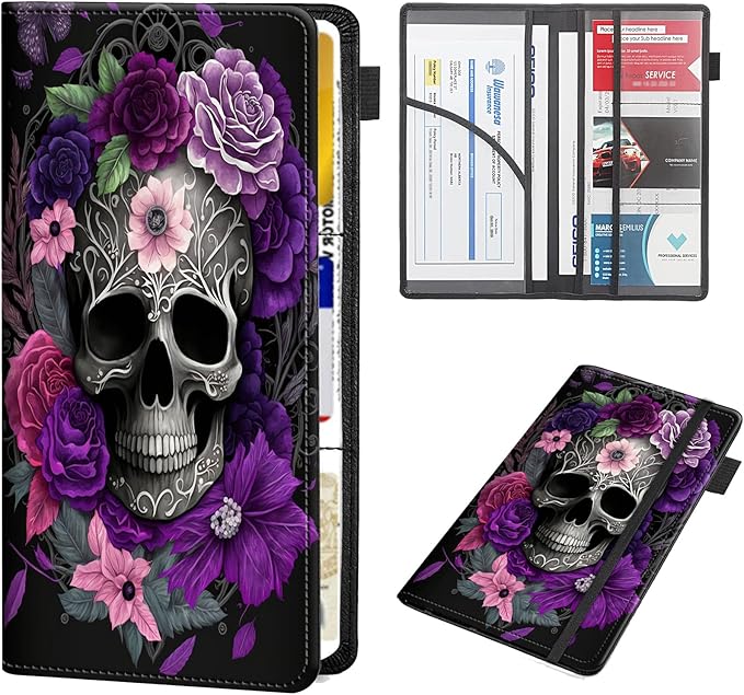 RAUEDWDJS Car Registration and Insurance Holder,Leather Vehicle Glove Box Organizer Wallet Case for Driver's License,ID Key Information Cards-Purple Skull