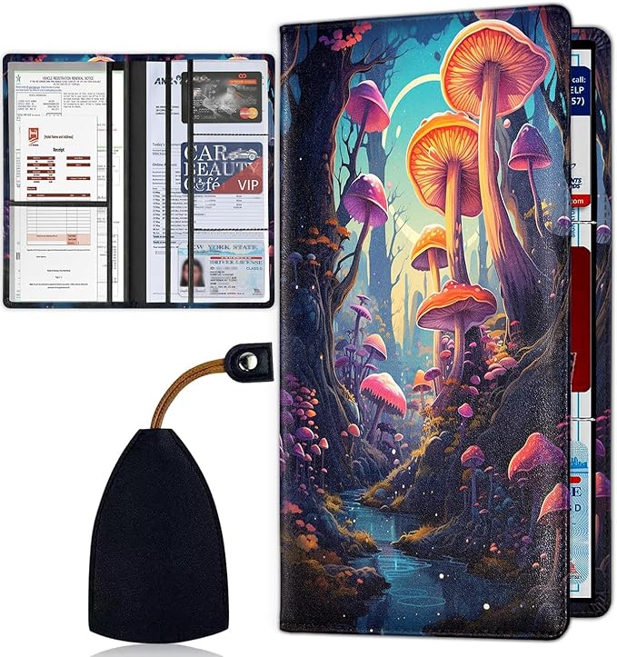 Car Document Holder with Magnetic Shut, Car Registration & Insurance Card Holder, Waterproof PU Leather Glove Box Organizer Vehicle Accessories Driver License for Women/Men, Colorful Mushrooms