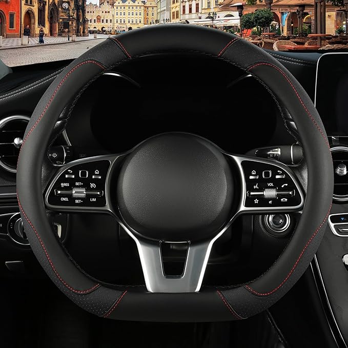 Binsheo Microfiber Leather D Shaped Steering Wheel Cover, Breathable, Anti Slip, Universal 15 inch, Black
