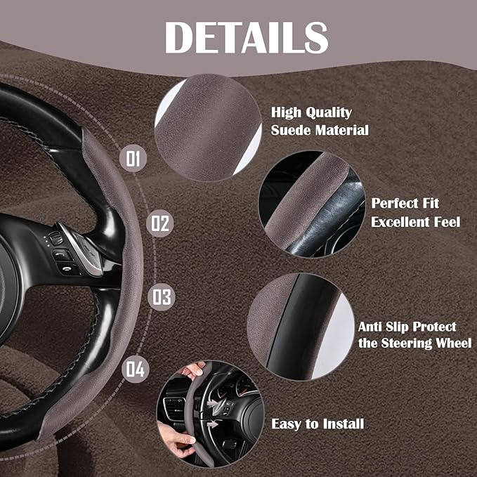 CAR PASS Suede Steering Wheel Cover, Segmented Wheel Protector Non-Slip Sporty Car Accessories Universal Fit D-Shape O-Shape 14.5" to 16" Steering Wheel for Men Women, 2PCS Coffee Gray Suede