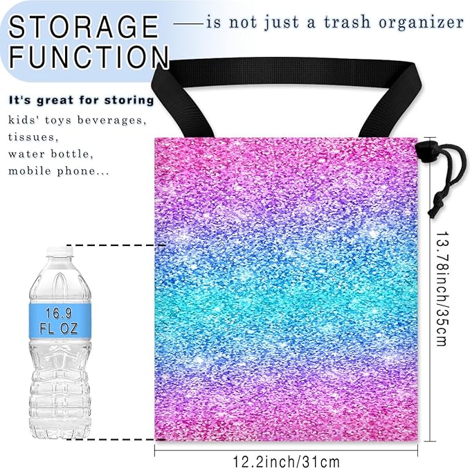 GEGEPINK Car Trash Bag Hanging Back of Seat Waterproof Small Cute Printed One-handed Strap Drawstring Garbage Bags for Car-Glitter Pink
