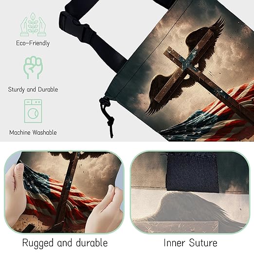 NHNXHWIA Cross with Wings Car Trash Bag,American Flag Hanging Drawstring Car Garbage Bag,Waterproof Canvas Car Back Seat Organizer with Adjustable Buckle,for Vehicles,SUVs,Camping,Road Trips