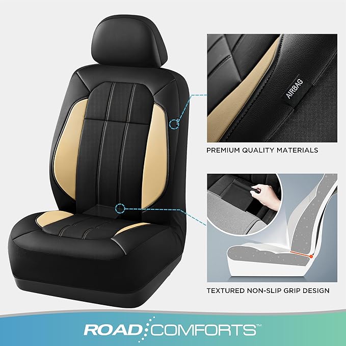 Road Comforts Car Seat Covers, Breathable Leather Seat Covers, Car Seat Covers Front Seats Airbag Compatible, Automotive Seat Covers for Most Cars, Vans, Trucks, SUV - Beige